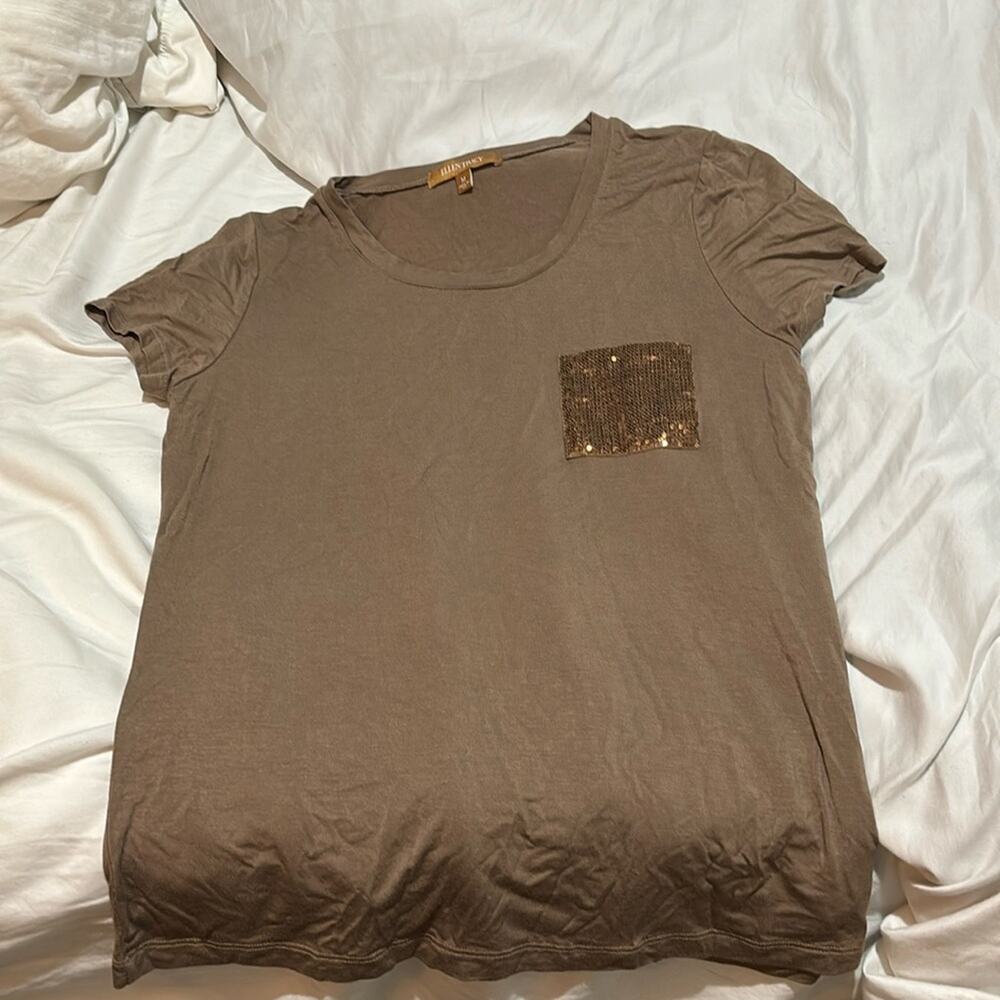 Ellen Tracy M brown short sleeve t sequin pocket rayon spandex blend nwot